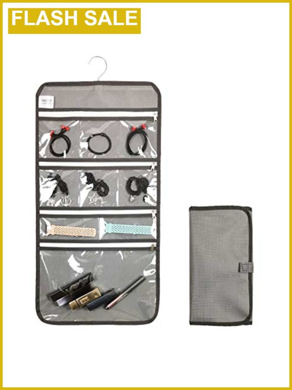 Foldable Jewelry Roll Organizer with 9 Clear Pockets and Rotatable Hanger